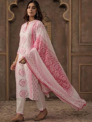 Women Printed Regular Beads and Stones Pure Cotton Kurta with Trousers & With Dupatta 3
