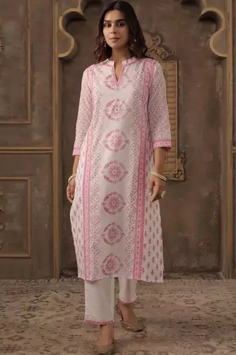 Women Printed Regular Beads and Stones Pure Cotton Kurta with Trousers & With Dupatta