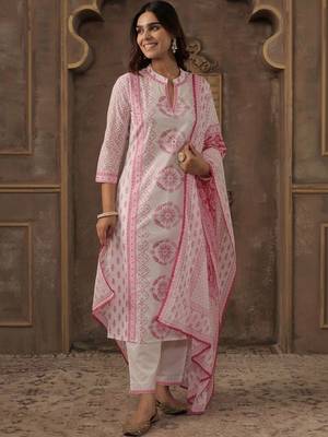 Women Printed Regular Beads and Stones Pure Cotton Kurta with Trousers & With Dupatta 6