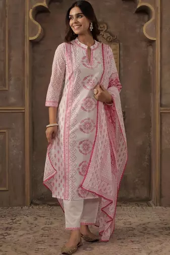 Women Printed Regular Beads and Stones Pure Cotton Kurta with Trousers & With Dupatta