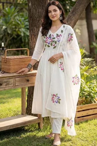 Women Floral Printed Empire Pure Cotton Kurta with Trousers & With Dupatta