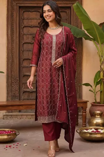 Women Ethnic Motifs Embroidered Regular Thread Work Kurta with Trousers & With Dupatta