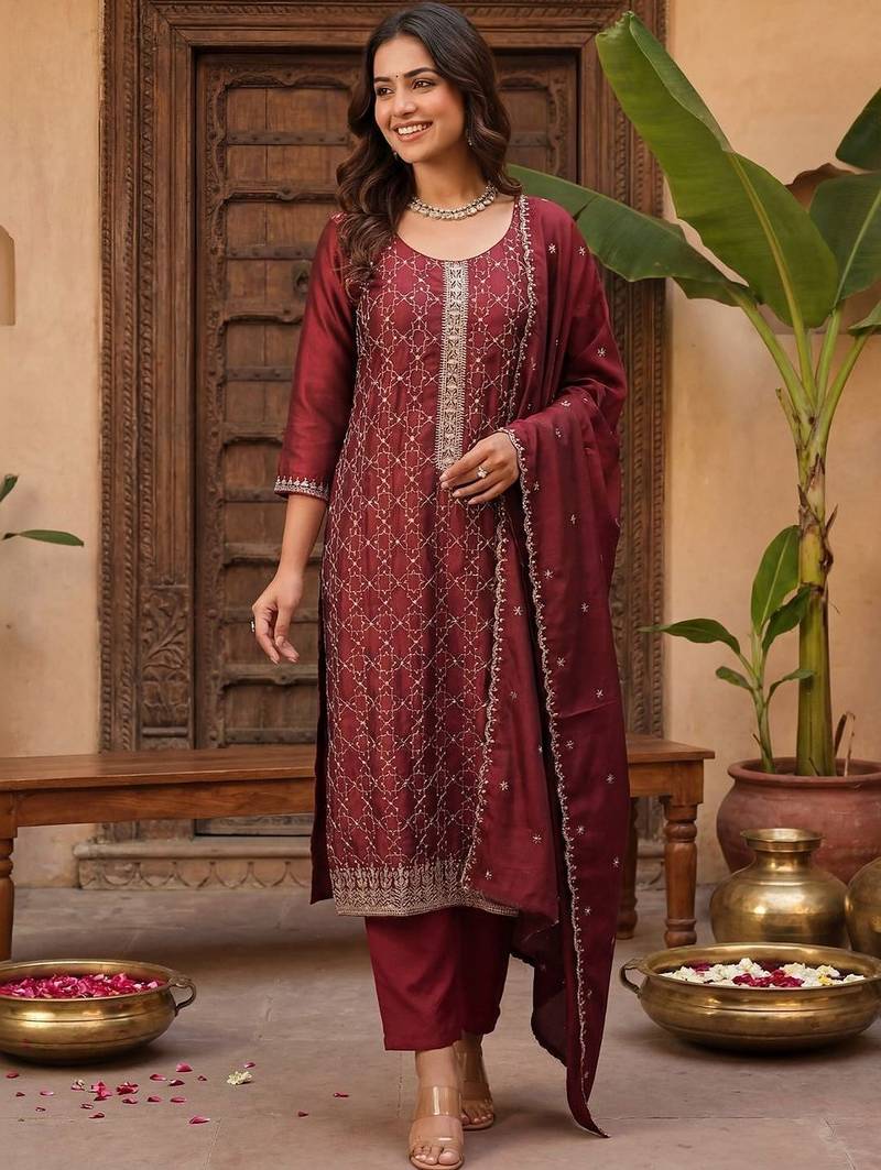 Women Ethnic Motifs Embroidered Regular Thread Work Kurta with Trousers & With Dupatta