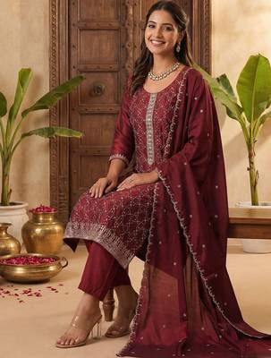 Women Ethnic Motifs Embroidered Regular Thread Work Kurta with Trousers & With Dupatta 2