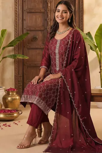 Women Ethnic Motifs Embroidered Regular Thread Work Kurta with Trousers & With Dupatta