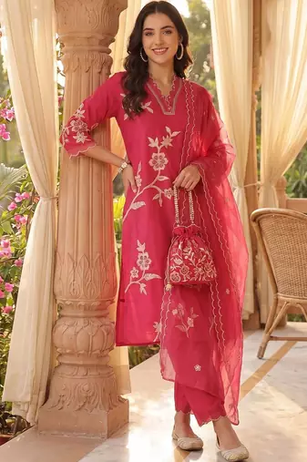 Women Floral Embroidered Regular Thread Work Kurta with Trousers & With Dupatta