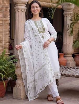 Women Ethnic Motifs Embroidered Regular Mirror Work Pure Cotton Kurta with Trousers & With Dupatta 1