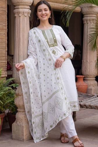 Women Ethnic Motifs Embroidered Regular Mirror Work Pure Cotton Kurta with Trousers & With Dupatta
