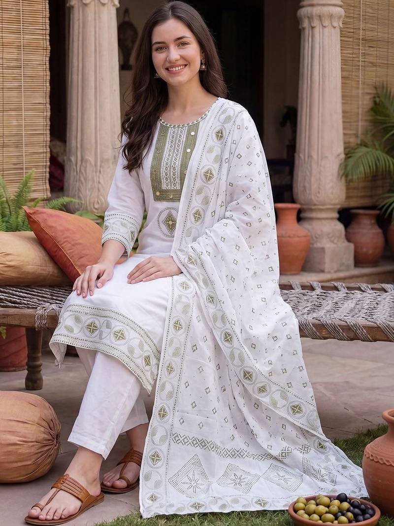 Women Ethnic Motifs Embroidered Regular Mirror Work Pure Cotton Kurta with Trousers & With Dupatta