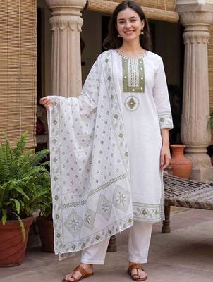 Women Ethnic Motifs Embroidered Regular Mirror Work Pure Cotton Kurta with Trousers & With Dupatta 6