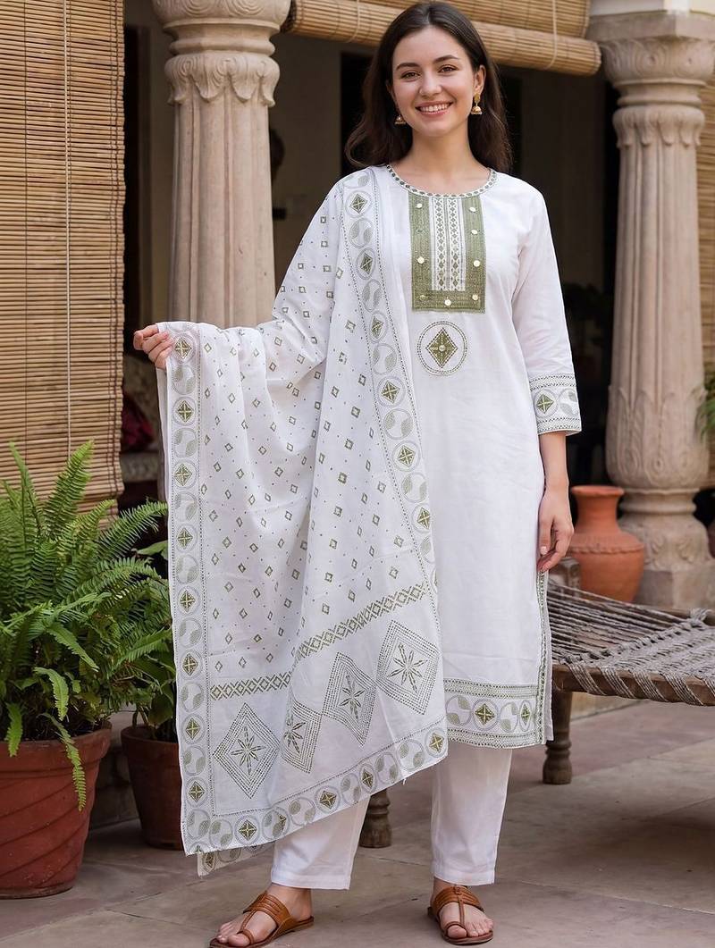 Women Ethnic Motifs Embroidered Regular Mirror Work Pure Cotton Kurta with Trousers & With Dupatta