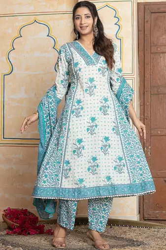 Women Floral Printed Panelled Thread Work Pure Cotton Kurta with Trousers & With Dupatta