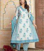 Women Floral Printed Panelled Thread Work Pure Cotton Kurta with Trousers & With Dupatta