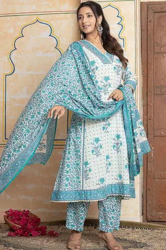 Women Floral Printed Panelled Thread Work Pure Cotton Kurta with Trousers & With Dupatta
