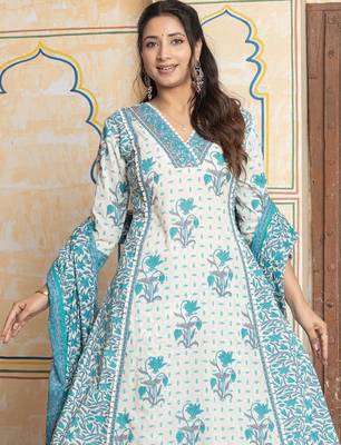 Women Floral Printed Panelled Thread Work Pure Cotton Kurta with Trousers & With Dupatta 4