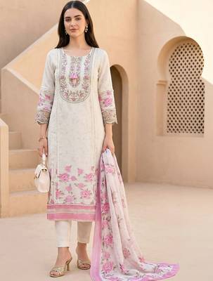 Women Floral Embroidered Regular Thread Work Linen Kurta with Trousers & With Dupatta 1