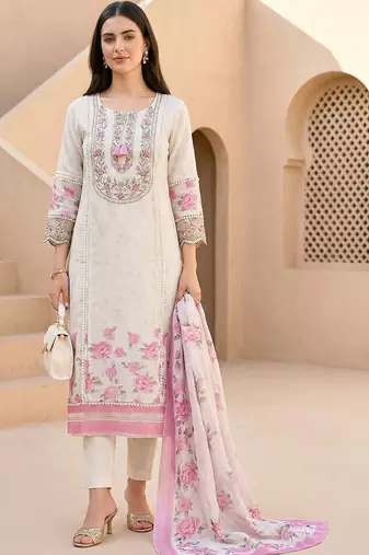 Women Floral Embroidered Regular Thread Work Linen Kurta with Trousers & With Dupatta