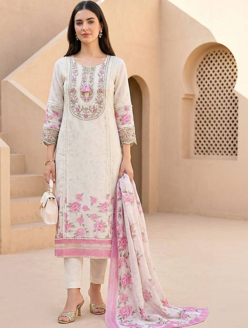 Women Floral Embroidered Regular Thread Work Linen Kurta with Trousers & With Dupatta
