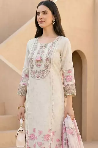 Women Floral Embroidered Regular Thread Work Linen Kurta with Trousers & With Dupatta