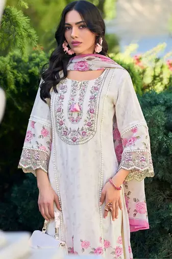 Women Floral Embroidered Regular Thread Work Linen Kurta with Trousers & With Dupatta