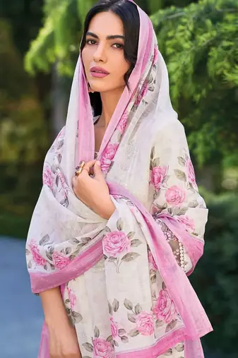 Women Floral Embroidered Regular Thread Work Linen Kurta with Trousers & With Dupatta