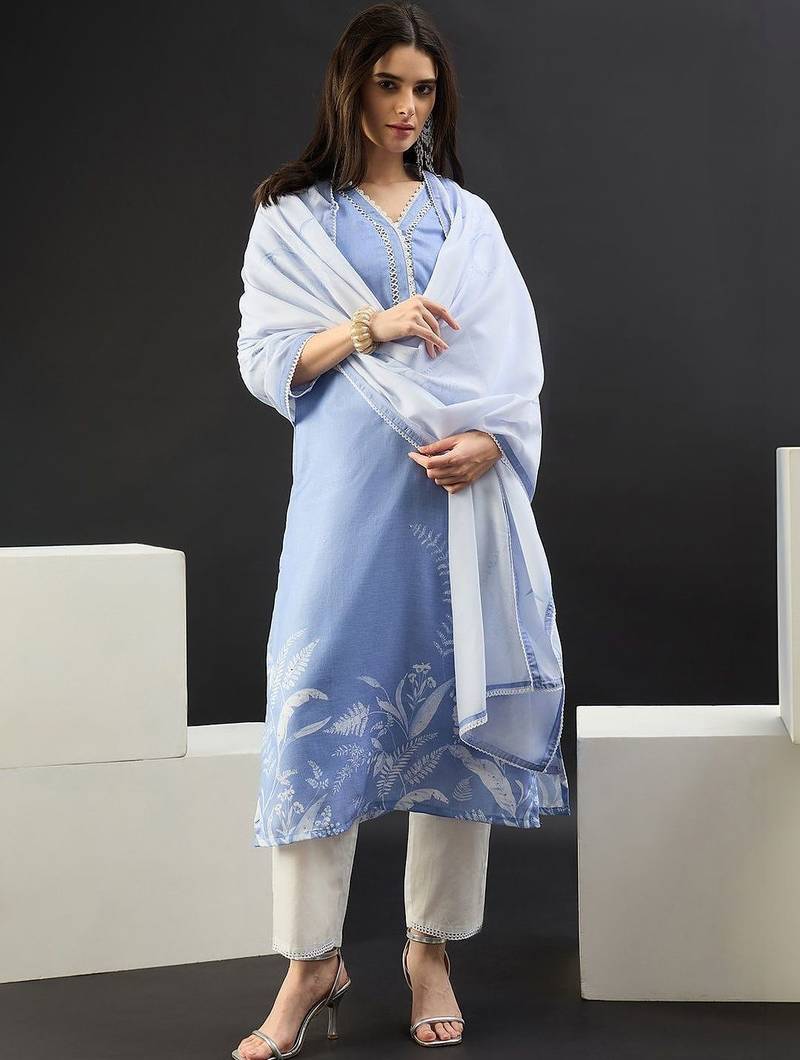 Women Printed Regular Linen Kurta with Trousers & With Dupatta