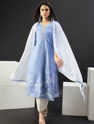 Women Printed Regular Linen Kurta with Trousers & With Dupatta 4