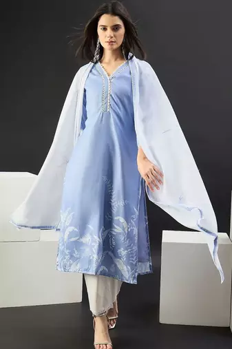 Women Printed Regular Linen Kurta with Trousers & With Dupatta
