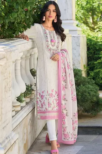 Floral Printed Round Neck Thread Work Linen Kurta With Trousers & Dupatta