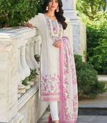 Floral Printed Round Neck Thread Work Linen Kurta With Trousers & Dupatta