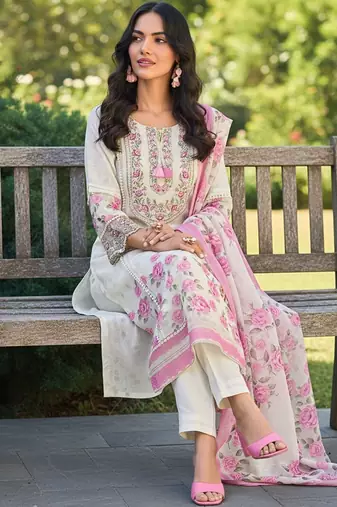 Floral Printed Round Neck Thread Work Linen Kurta With Trousers & Dupatta