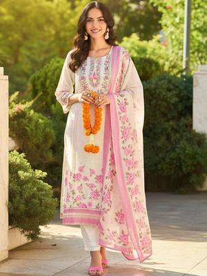 Floral Printed Round Neck Thread Work Linen Kurta With Trousers & Dupatta 3