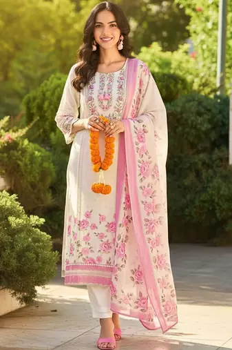 Floral Printed Round Neck Thread Work Linen Kurta With Trousers & Dupatta