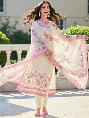 Floral Printed Round Neck Thread Work Linen Kurta With Trousers & Dupatta 4