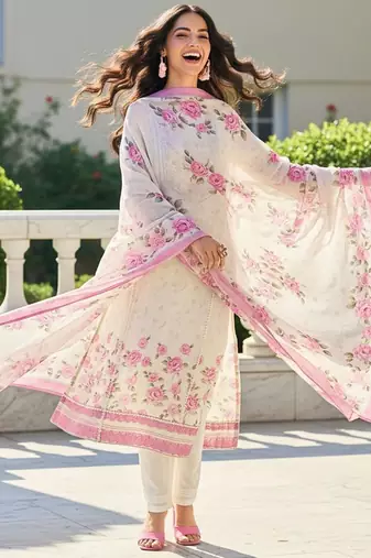 Floral Printed Round Neck Thread Work Linen Kurta With Trousers & Dupatta