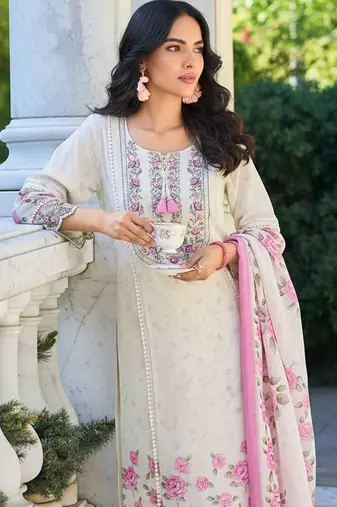 Floral Printed Round Neck Thread Work Linen Kurta With Trousers & Dupatta