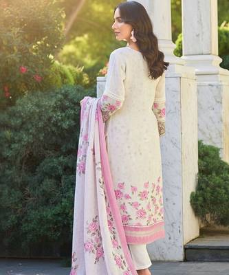 Floral Printed Round Neck Thread Work Linen Kurta With Trousers & Dupatta 6