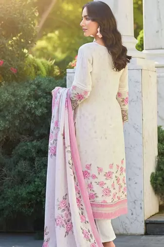 Floral Printed Round Neck Thread Work Linen Kurta With Trousers & Dupatta