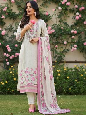 Floral Printed Round Neck Thread Work Linen Kurta With Trousers & Dupatta 7