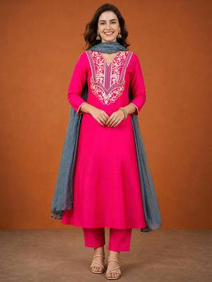 Women's Beautiful Embroidery Work Gold Silk Fabric Flared Anarkali Pant and Dupatta Set 1