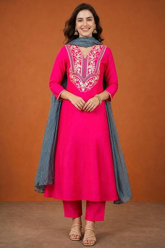 Women's Beautiful Embroidery Work Gold Silk Fabric Flared Anarkali Pant and Dupatta Set