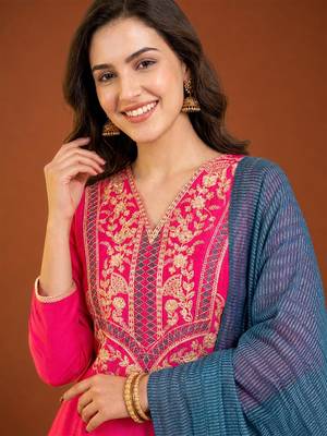 Women's Beautiful Embroidery Work Gold Silk Fabric Flared Anarkali Pant and Dupatta Set 2