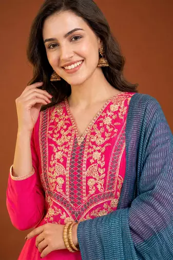 Women's Beautiful Embroidery Work Gold Silk Fabric Flared Anarkali Pant and Dupatta Set