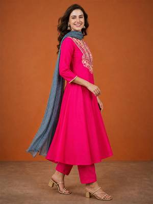 Women's Beautiful Embroidery Work Gold Silk Fabric Flared Anarkali Pant and Dupatta Set 3