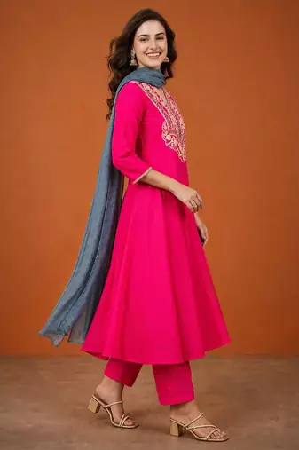 Women's Beautiful Embroidery Work Gold Silk Fabric Flared Anarkali Pant and Dupatta Set
