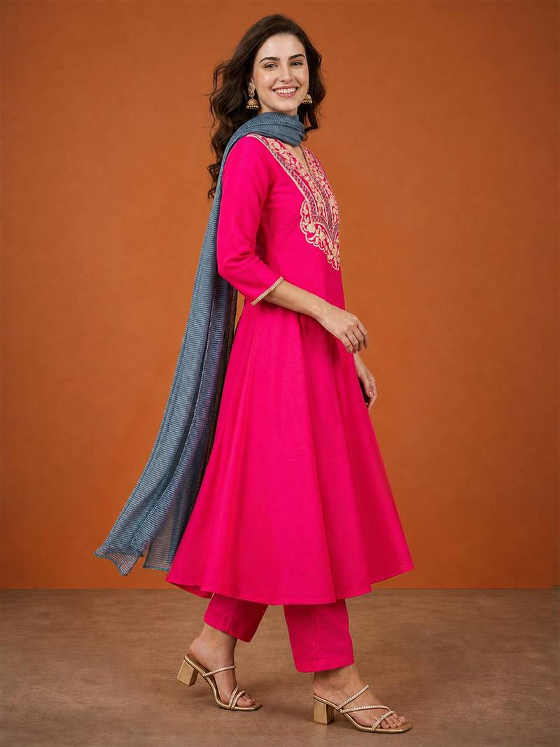 Women's Beautiful Embroidery Work Gold Silk Fabric Flared Anarkali Pant and Dupatta Set