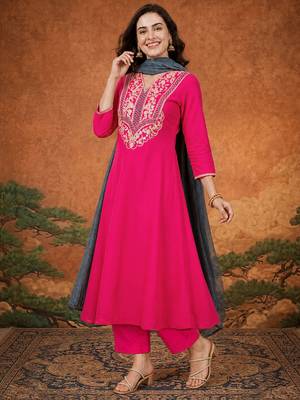 Women's Beautiful Embroidery Work Gold Silk Fabric Flared Anarkali Pant and Dupatta Set 5