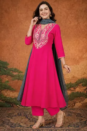 Women's Beautiful Embroidery Work Gold Silk Fabric Flared Anarkali Pant and Dupatta Set