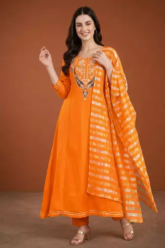 Embroidery Viscose Silk Fabric Flared Anarkali Pant and Dupatta Set