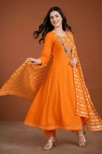 Embroidery Viscose Silk Fabric Flared Anarkali Pant and Dupatta Set